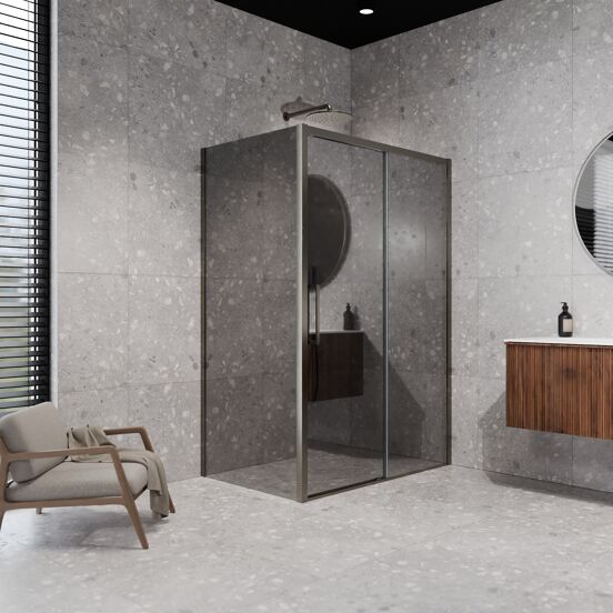 Balmani Senses Design douche en coin avec porte coulissante à droite et paroi latérale fixe, 120 x 90 cm, Miroir Reflex, Profil Brushed GunMetal
