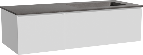Storke Edge zwevend badkamermeubel 130 x 52 cm mat wit met Scuro asymmetrisch rechtse wastafel in kwarts mat zwart