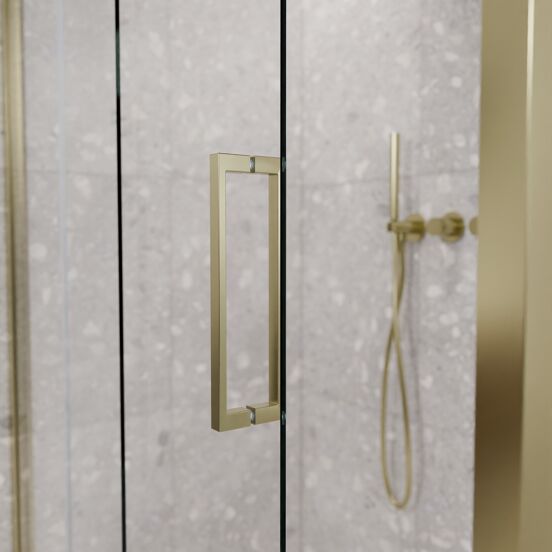 Balmani Senses Design Eckdusche: Schiebetür (Links) mit fixierte Seitenwand, 140 x 90 cm, Klarglas, Profil Brushed Champagne Gold