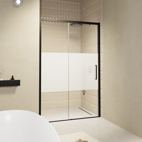 Balmani Senses Design Dusche Schiebetür, Links, 120 cm x 210 cm, Klarglas mit mattiertem Streifen, Profil Schwarz