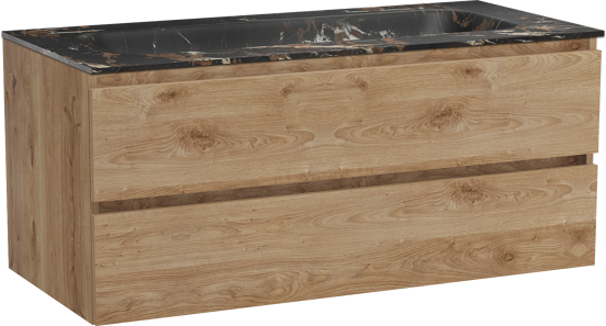 Balmani Lucida zwevend badkamermeubel 120 x 55 cm ruwe eik met Tablo Arcato enkele wastafel voor 2 kraangaten in marmer portoro gold