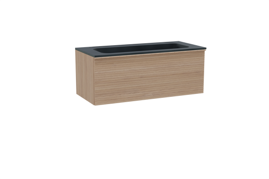 Balmani Forma meuble salle de bains suspendu 120 x 55 cm chêne naturel avec Tablo Strada lavabo simple pour 2 trous de robinet en marbre composite noir mat, Nervure droite symétrique horizontale