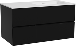 Storke Edge zwevend badkamermeubel 100 x 52 cm mat zwart met Mata asymmetrisch rechtse wastafel in solid surface mat wit