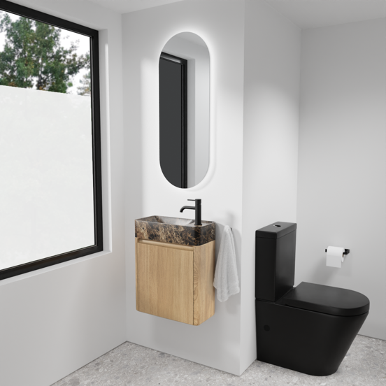 Balmani Fara hängendes WC-Möbel-Set, 45 x 22 cm, Eiche Natur, mit Fara Waschtisch in Dark Emperador Marmor