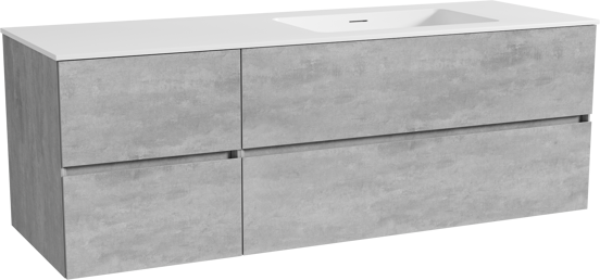 Storke Edge meuble salle de bains suspendu 150 x 52 cm béton gris foncé avec Mata plan vasque asymétrique à droite en solid surface blanc mat