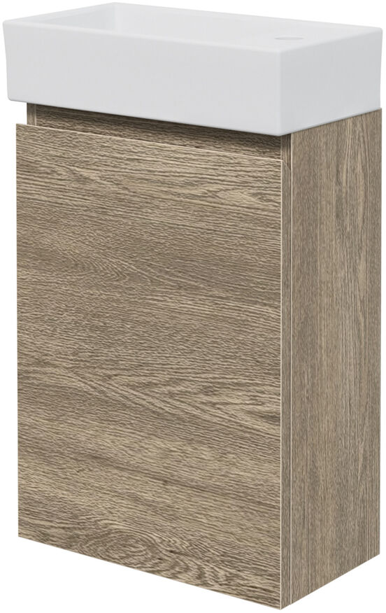 Linie Lado hängendes WC-Möbel-Set, 40 x 22 cm, graue Eiche, mit Baro Waschtisch in weiß glänzender Keramik