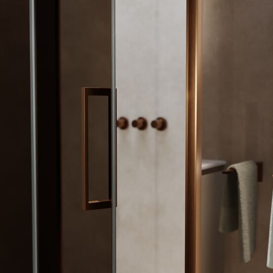 Balmani Senses Design douchehoek met linkse draaideur en vaste zijwand, 140 x 100 cm, Brons, Brushed Rosegold profielen, met coating