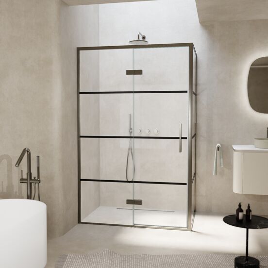 Balmani Senses Design douchehoek met linkse draaideur en vaste zijwand, 120 x 100 cm, Lined, Brushed GunMetal profielen