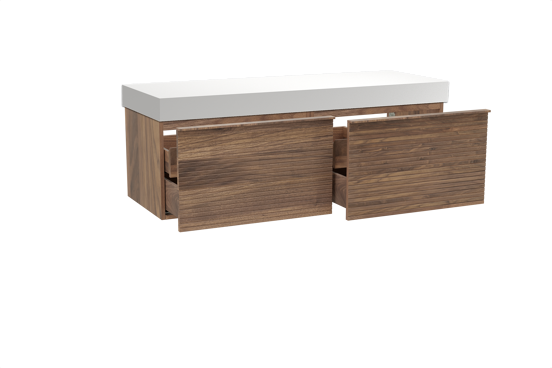 Balmani Forma hängendes Möbelstück Set: 150 x 55 cm, Amerikanischer Nussbaum, mit Dominus Einzel- oder Doppel Waschtischplatte, Solid Surface, Weiß matt, Horizontale symmetrische gerade Rippe