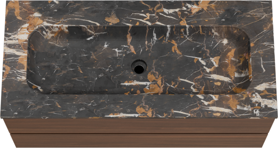 Balmani Lucida meuble salle de bains suspendu 120 x 55 cm noyer américain avec Tablo Arcato lavabo simple pour 2 trous de robinet en marbre portoro gold