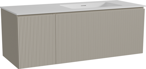 Storke Ribs zwevend badkamermeubel 130 x 52 cm zijdegrijs met Mata asymmetrisch rechtse wastafel in solid surface mat wit, Verticale symmetrische rechte ribbel