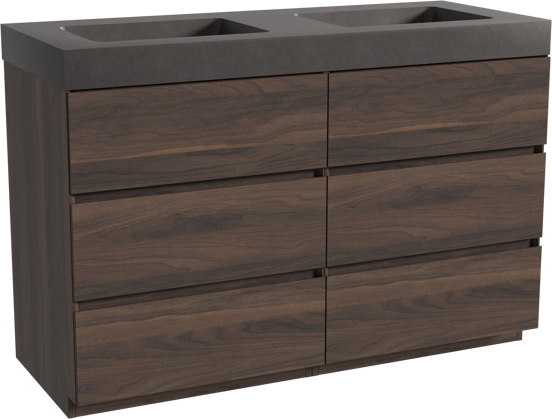 Storke Edge staand badmeubel 130 x 52 cm notenhout met Scuro High dubbele wastafel in kwarts mat zwart