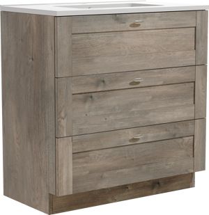 Linie Classo staand badkamermeubel 80 x 46 cm grijze eik met Vano enkele wastafel in composietmarmer glanzend wit