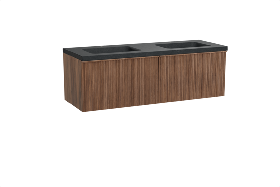 Balmani Forma zwevend badkamermeubel 150 x 55 cm amerikaanse notelaar met Napoli dubbele wastafel in graniet zwart, Verticale asymmetrische ronde ribbel