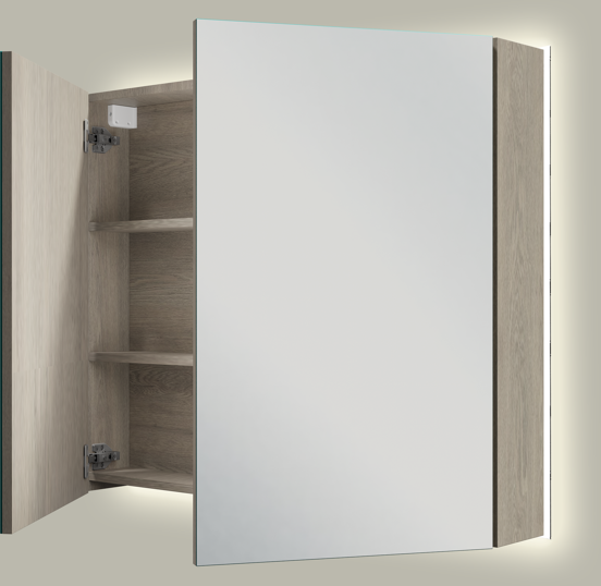 Linie Montro spiegelkast 90 x 75 cm grijs eiken met spiegelverlichting