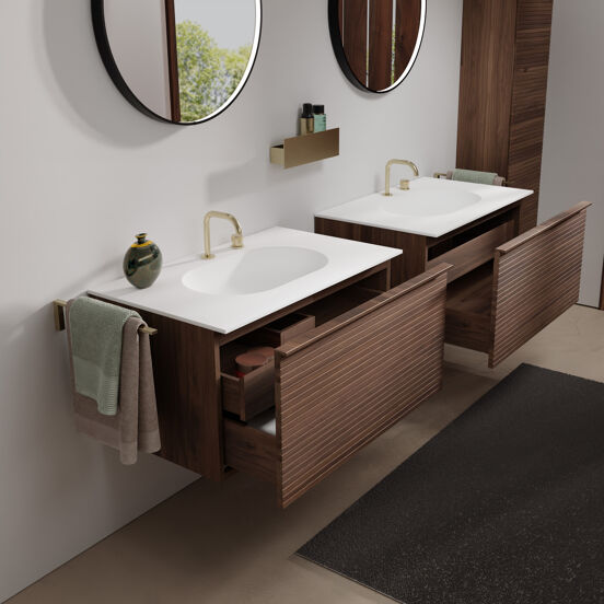 Balmani Forma zwevend badkamermeubel 90 x 55 cm amerikaanse notelaar met Tablo Oval enkele wastafel in solid surface mat wit, Horizontale symmetrische rechte ribbel