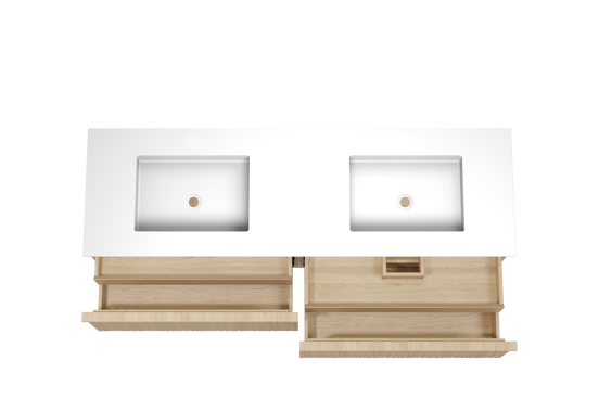 Balmani Forma zwevend badkamermeubel 180 x 55 cm natuur eik met Tablo Stretto dubbele wastafel in solid surface mat wit, Verticale asymmetrische ronde ribbel