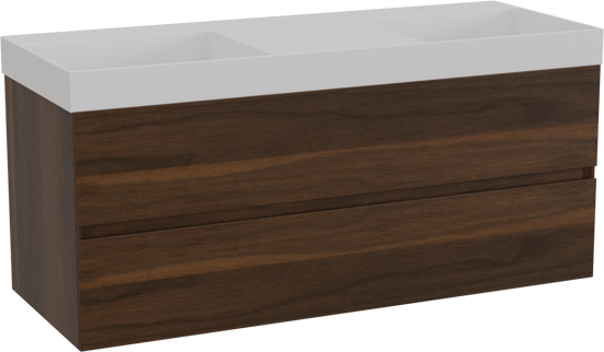 Storke Edge zwevend badkamermeubel 120 x 46 cm notelaar met Jura dubbele wastafel in solid surface mat wit
