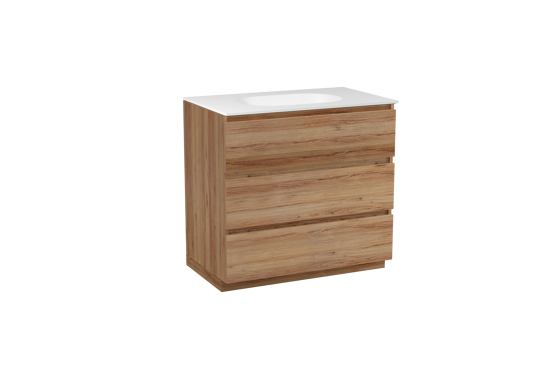 Balmani Lucida staand badkamermeubel 90 x 55 cm teak met Tablo Oval enkele wastafel in solid surface mat wit