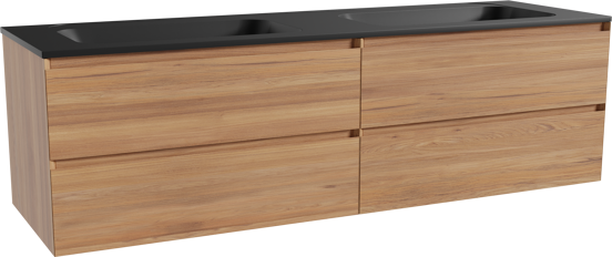 Balmani Mitra hängendes Möbelstück Set: 180 x 55 cm, Teak, mit Tablo Strada Doppelwaschtisch, Marmorkomposit Schwarz matt