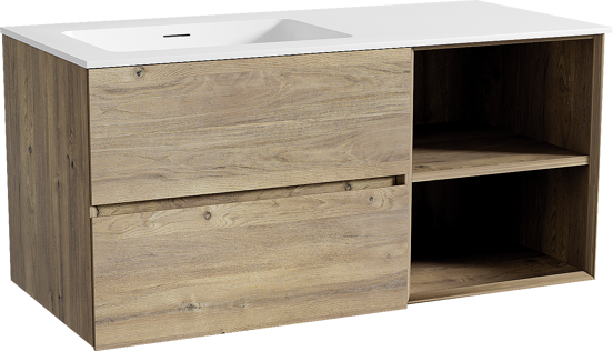 Storke Edge meuble salle de bains suspendu 110 x 52 cm chêne brut avec Mata plan vasque asymétrique à gauche en solid surface blanc mat