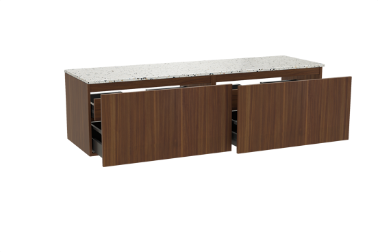 Balmani Sfera hängendes Möbelstück Set: 180 x 55 cm, Amerikanischer Nussbaum, mit Stretto Einzel- oder Doppel Waschtischplatte, Terrazzo in Weiß/Schwarz matt