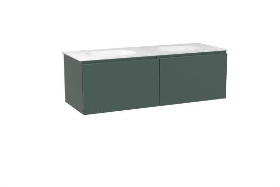 Balmani Sfera zwevend badkamermeubel 150 x 55 cm forest met Tablo Oval dubbele wastafel in solid surface mat wit