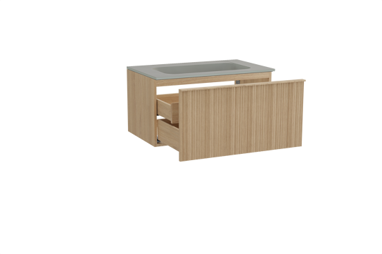 Balmani Forma meuble salle de bains suspendu 90 x 55 cm chêne naturel avec Tablo Strada plan simple en marbre composite soie grise, Nervure circulaire asymétrique verticale