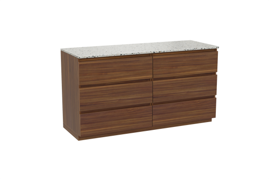Balmani Lucida staand badkamermeubel 150 x 55 cm amerikaanse notelaar met Stretto enkel of dubbel tablet in mat wit/zwart terrazzo