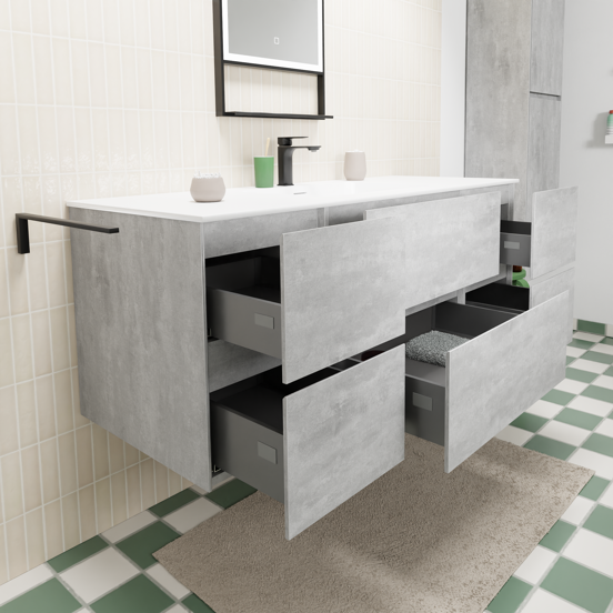 Storke Edge zwevend badmeubel 135 x 52 cm beton donkergrijs met Mata enkele wastafel in solid surface mat wit