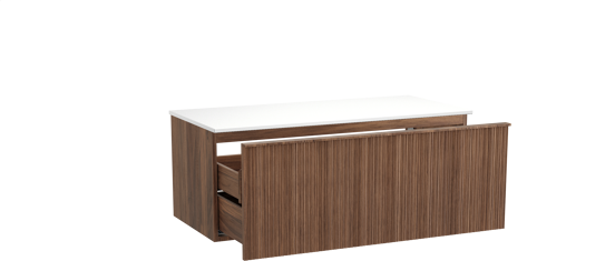 Balmani Forma hängendes Möbelstück Set: 120 x 55 cm, Amerikanischer Nussbaum, mit Stretto Einzel- oder Doppel Waschtischplatte, Solid Surface, Weiß matt, Vertikale asymmetrische Runde Rippe