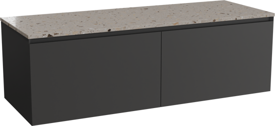 Balmani Idra zwevend badkamermeubel 150 x 55 cm mat zwart met Stretto enkel of dubbel tablet in terrazzo greige terrazzo