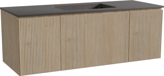 Storke Ribs hängendes Möbelstück Set: 135 x 52 cm, Rohe Eiche, mit Scuro Einzelwaschtisch, Quarz, Schwarz matt, Vertikale symmetrische gerade Rippe