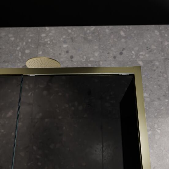 Balmani Senses Design douchehoek met linkse schuifdeur en vaste zijwand, 160 x 90 cm, Rookglas, Brushed Champagne Gold profielen