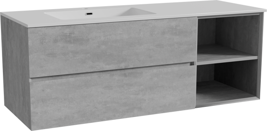 Storke Edge zwevend badmeubel 140 x 52 cm beton donkergrijs met Diva asymmetrisch linkse wastafel in composietmarmer hoogglans wit