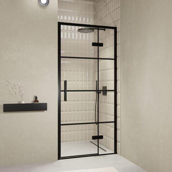 Balmani Senses Design porte pivotante à droite 100 cm x 210 cm verre Lined, Profil noir, coating inclus