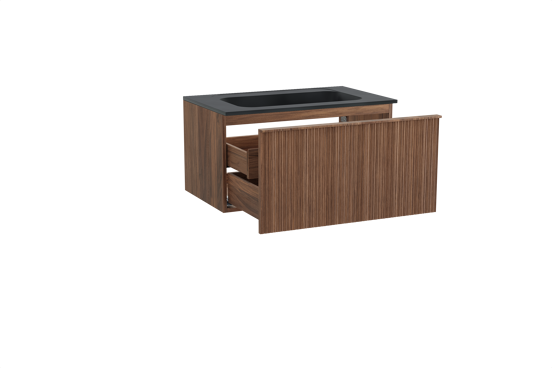 Balmani Forma hängendes Möbelstück Set: 90 x 55 cm, Amerikanischer Nussbaum, mit Tablo Strada Einzelwaschtisch, Marmorkomposit, Schwarz matt, Vertikale asymmetrische Runde Rippe