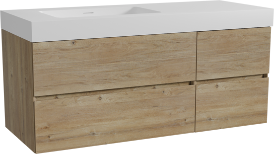 Storke Edge zwevend badmeubel 130 x 52 cm ruw eiken met Mata High asymmetrisch linkse wastafel in solid surface mat wit