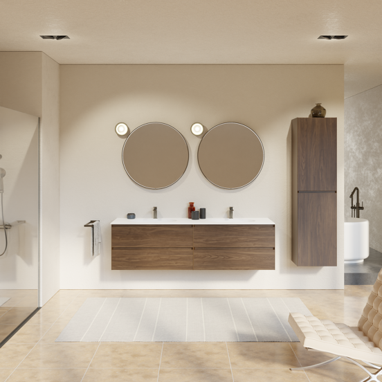 Balmani Mitra meuble salle de bains suspendu 180 x 55 cm noyer américain avec Tablo Oval double vasque en solid surface blanc mat