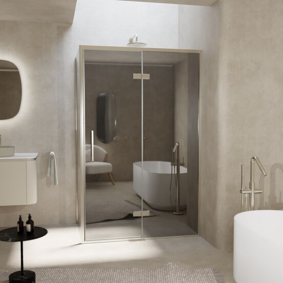 Balmani Senses Design douche en coin avec porte pivotante à droite et paroi latérale fixe, 120 x 80 cm, Miroir Reflex, Profil Brushed CoolMetal