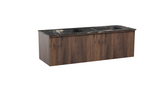 Balmani Forma zwevend badkamermeubel 150 x 55 cm amerikaanse notelaar met Tablo Arcato dubbele wastafel in marmer portoro gold, Verticale symmetrische rechte ribbel