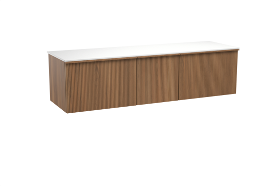 Balmani Forma zwevend badkamermeubel 180 x 55 cm teak met Stretto enkel of dubbel tablet in solid surface mat wit, Verticale symmetrische rechte ribbel