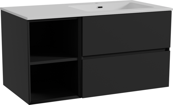 Storke Edge meuble salle de bains suspendu 100 x 52 cm noir mat avec Diva plan vasque asymétrique à droite en marbre composite blanc brillant