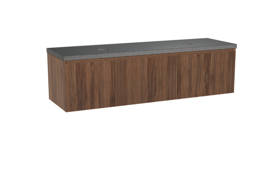 Balmani Fila zwevend badkamermeubel 180 x 55 cm notelaar met Rock dubbel tablet in graniet zwart, Verticale symmetrische rechte ribbel