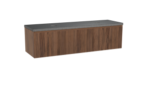 Balmani Fila zwevend badkamermeubel 180 x 55 cm notelaar met Rock dubbel tablet in graniet zwart, Verticale symmetrische rechte ribbel