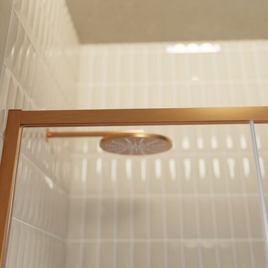 Balmani Senses Design Dusche Schiebetür, Links, 120 cm x 210 cm, Klarglas mit mattiertem Streifen, Profil Brushed Rosegold