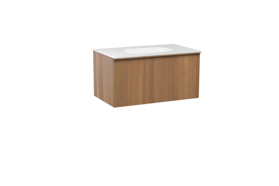 Balmani Forma zwevend badkamermeubel 90 x 55 cm teak met Tablo Oval enkele wastafel in solid surface mat wit, Verticale symmetrische rechte ribbel