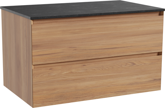Balmani Mitra zwevend badkamermeubel 90 x 55 cm teak met Stretto enkel tablet in graniet zwart