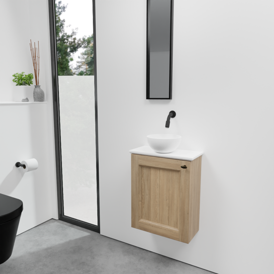 Balmani Lemon zwevend toiletmeubel 42 x 21 cm verweerd eiken met Facetta wastafelblad en Jazz waskom in matte Solid Surface