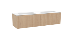 Balmani Fila hängendes Möbelstück Set: 180 x 55 cm, Naturbelassene Eiche, mit Tablo Strada Doppelwaschtisch, Marmorkomposit, Weiß matt, Vertikale symmetrische gerade Rippe